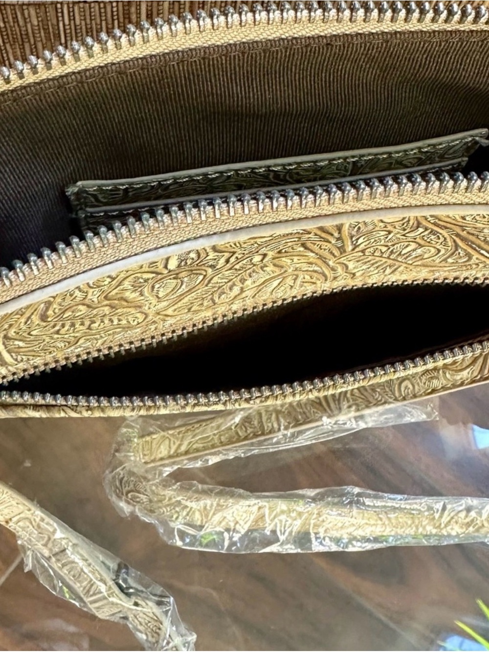 Trinity Ranch Western Boho Embossed Crossbody Bag in Tan with Tri Colored Studs - Picture 6 of 12
